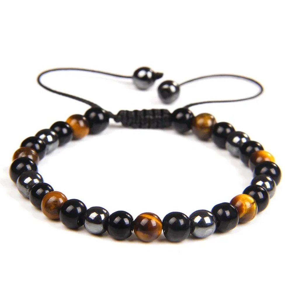 Men's 8mm Brown Tiger Eye & Hematite Beaded Adjustable Sliding Knot Bracelet NEW